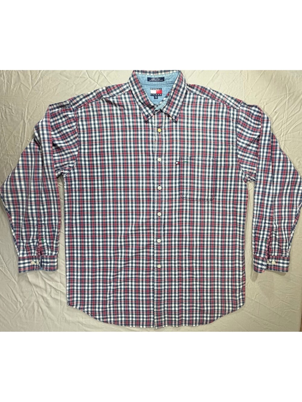 Tommy Jeans Men’s XXL Navy Burgundy Plaid Cotton Long Sleeve Button-Down Shirt
